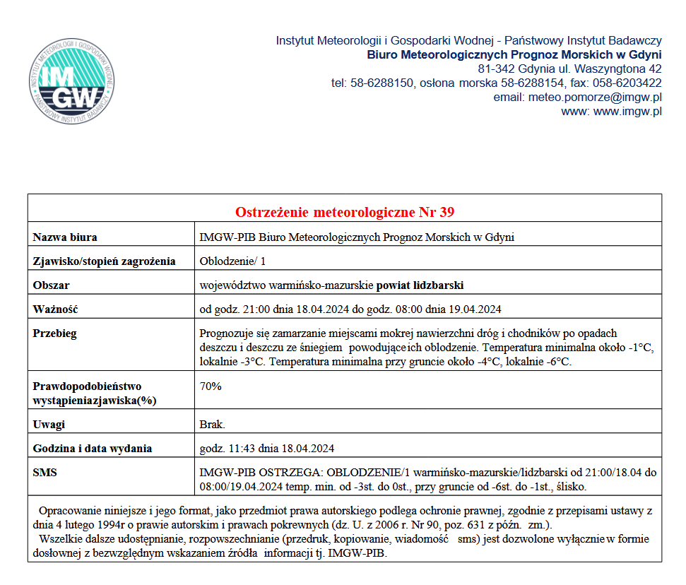 Ostrzeżenie meteorologiczne Nr 39