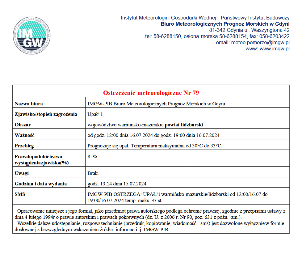 Ostrzeżenie meteorologiczne Nr 79