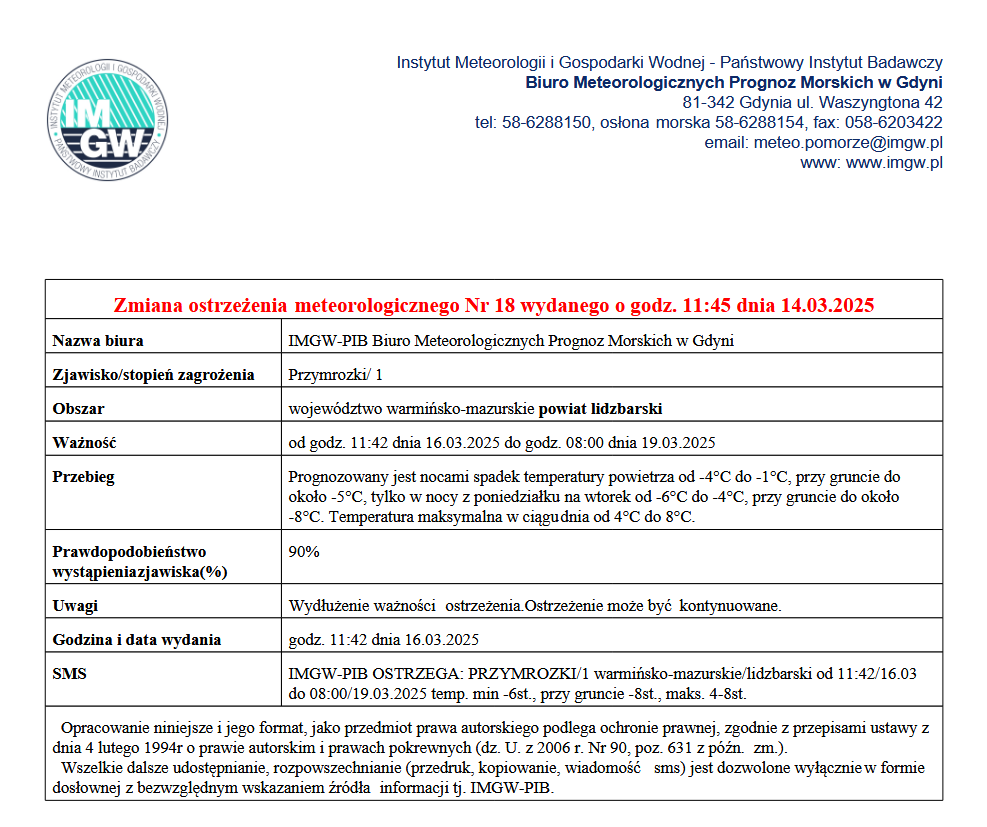 Zmiana ostrzeżenia meteorologicznego Nr 18