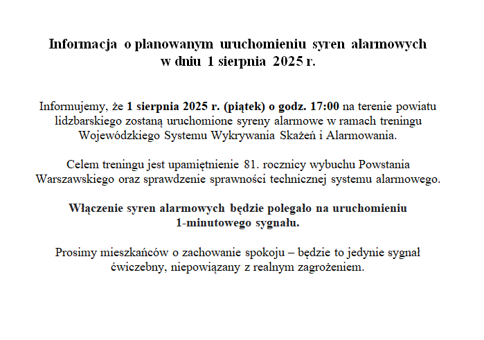 Informacja o planowanym uruchomieniu syren alarmowych  w dniu 1 sierpnia 2025 r.