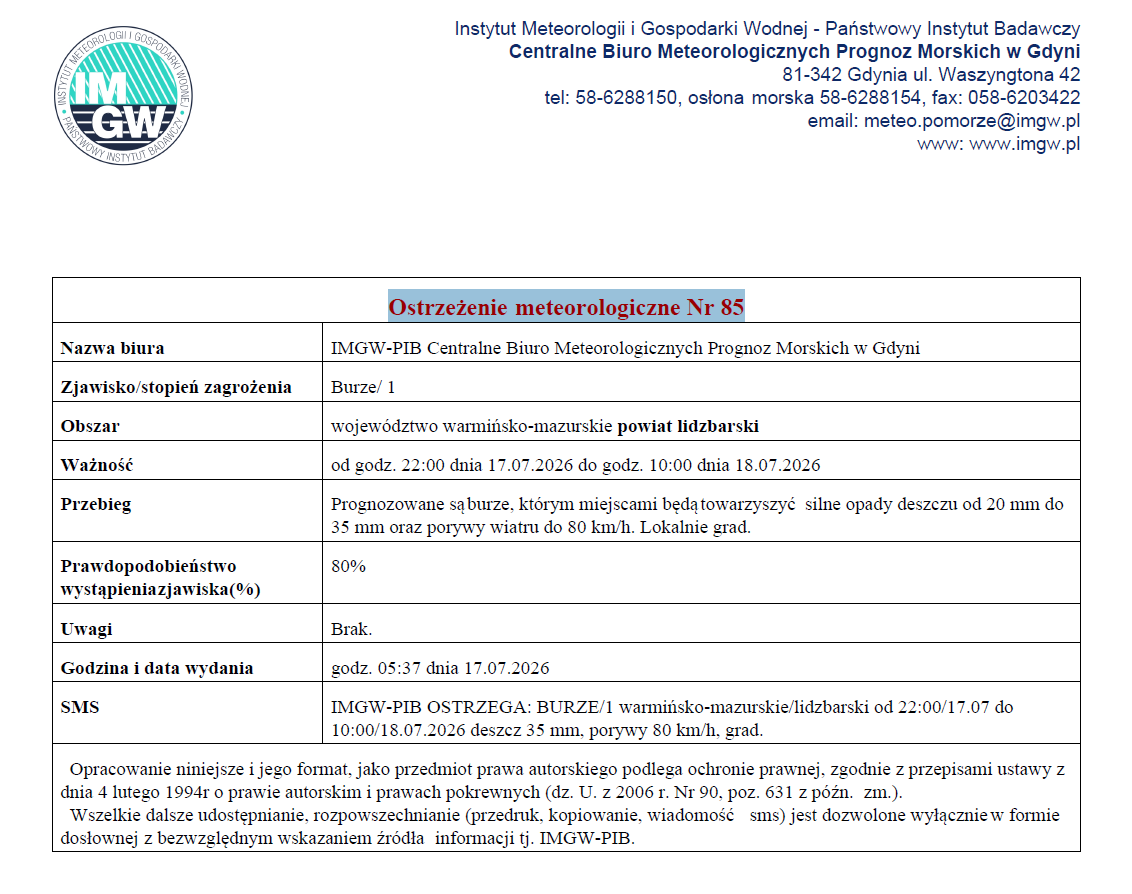 Ostrzeżenie meteorologiczne Nr 85